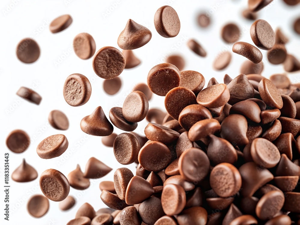 Naklejka premium Panoramic View of Floating Chocolate Chips, Isolated on White Background