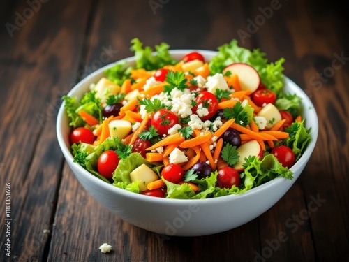 Fresh vegetable salad with cherry tomatoes, carrots, apples, and feta cheese in white bowl