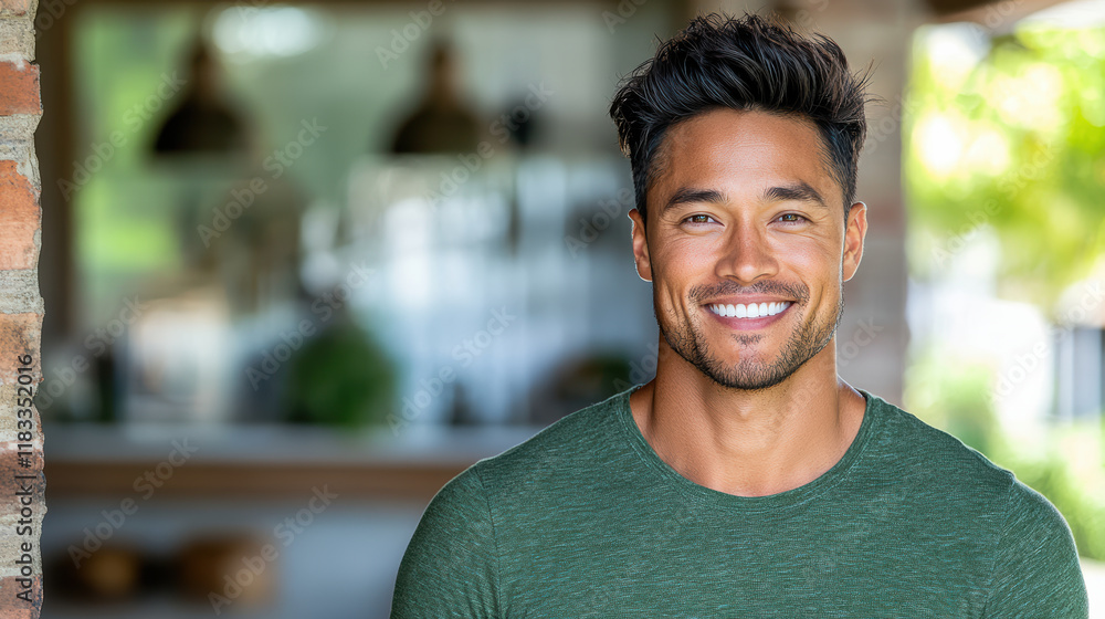 smiling man in green shirt with bright background, exuding confidence and warmth smiling man in green shirt with bright background, exuding confidence and warmth