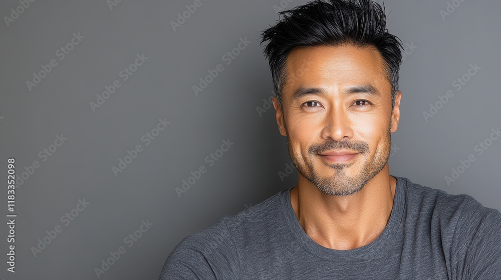 Confident Asian man smiling in casual gray shirt against neutral background Confident Asian man smiling in casual gray shirt against neutral background
