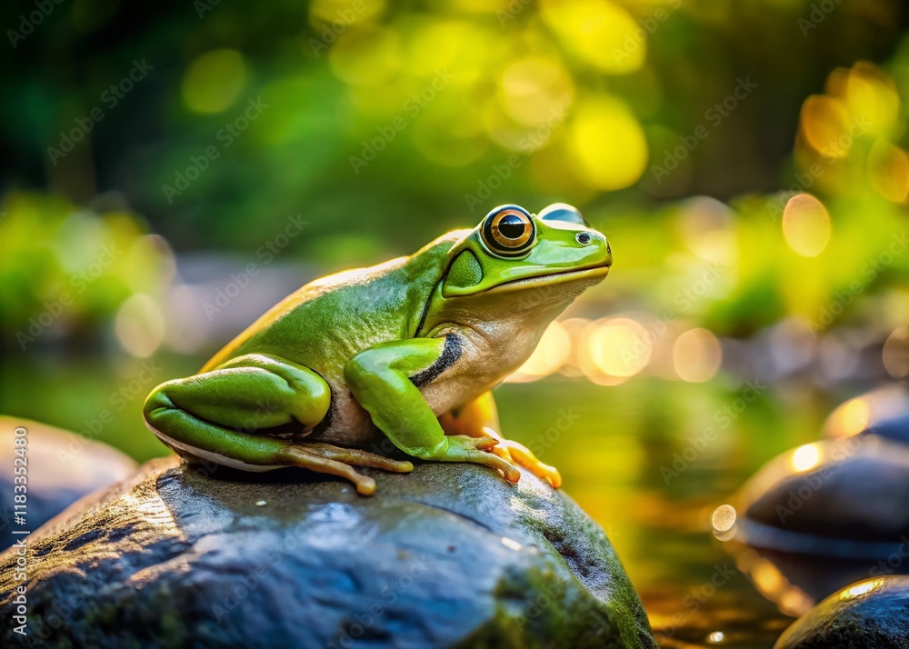 Panoramic View of Green Frog Perched on River Rock Panoramic View of Green Frog Perched on River Rock