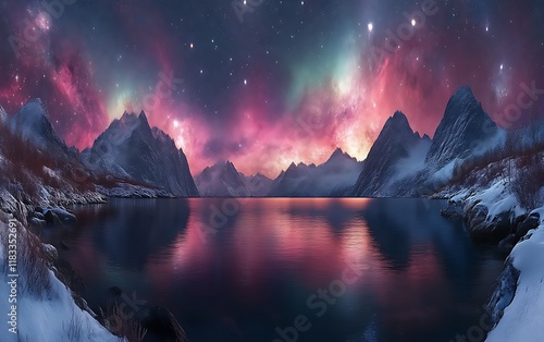 Magical aurora borealis over snowy mountains reflected in calm lake at night. photo