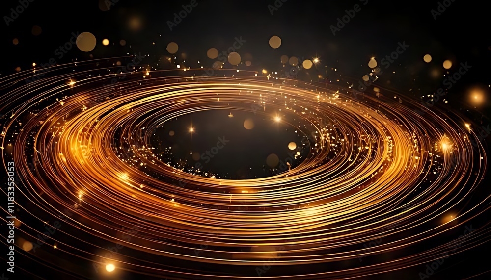 Obraz premium Glowing gold lines swirl concentrically with scattered particles against a dark backdrop.