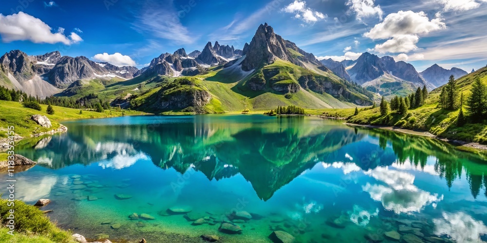 Fototapeta premium Panoramic View of Lac des Partias, Hautes-Alpes, French Alps Mountain Lake Landscape