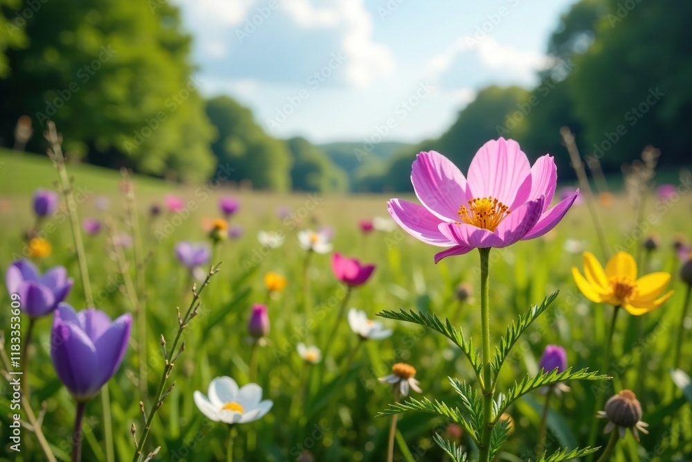 Pasque flower blooming in a meadow landscape with trees and wildflowers, native plant, flowering plant, greenery Pasque flower blooming in a meadow landscape with trees and wildflowers, native plant, flowering plant, greenery