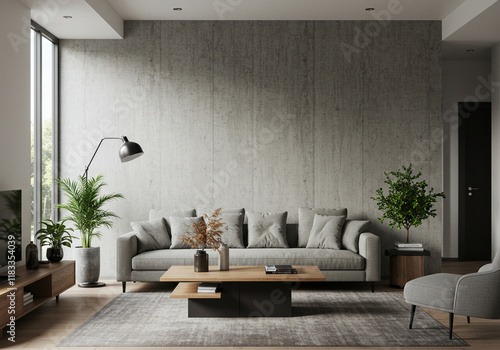 Trendy living room interior showcasing a concrete wall, a modern sofa, and a stylish coffee table