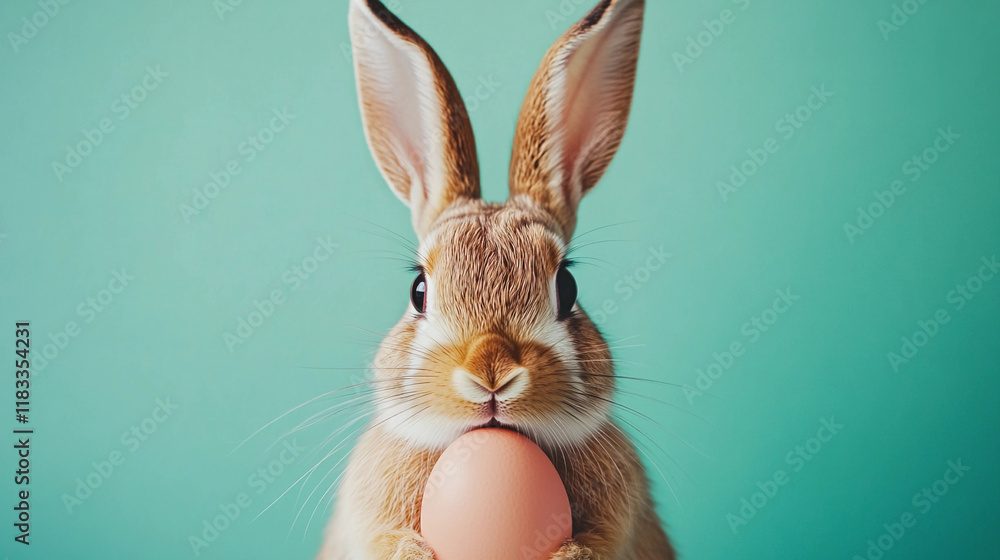 Obraz premium Bunny holding an egg against a vibrant green background. Generative AI