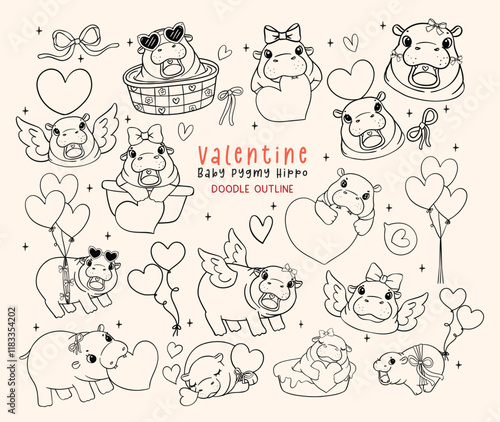 Cute Retro Valentine Baby Pygmy Hippo Doodle Outline Hand Drawn set