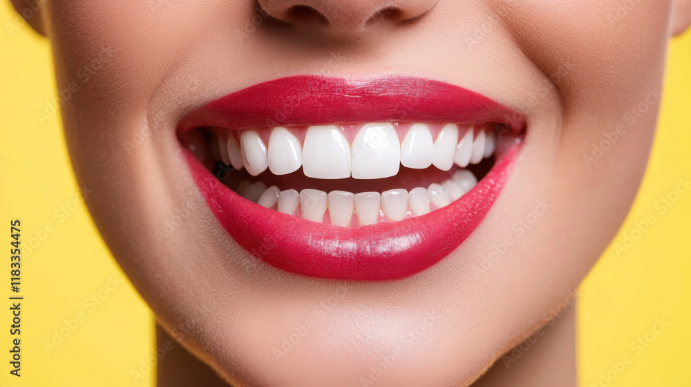 Fototapeta premium Bright and Cheerful Smile with Glossy Red Lips Against a Vibrant Yellow Background Emphasizing Dental Care, Beauty, and Confidence in a Joyful Expression