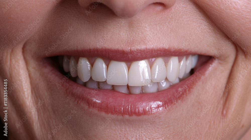 Fototapeta premium Close-Up of a Woman's Bright Smile Showcasing Healthy White Teeth, Radiating Confidence and Positivity with Natural Lip Color and Soft Skin Tone
