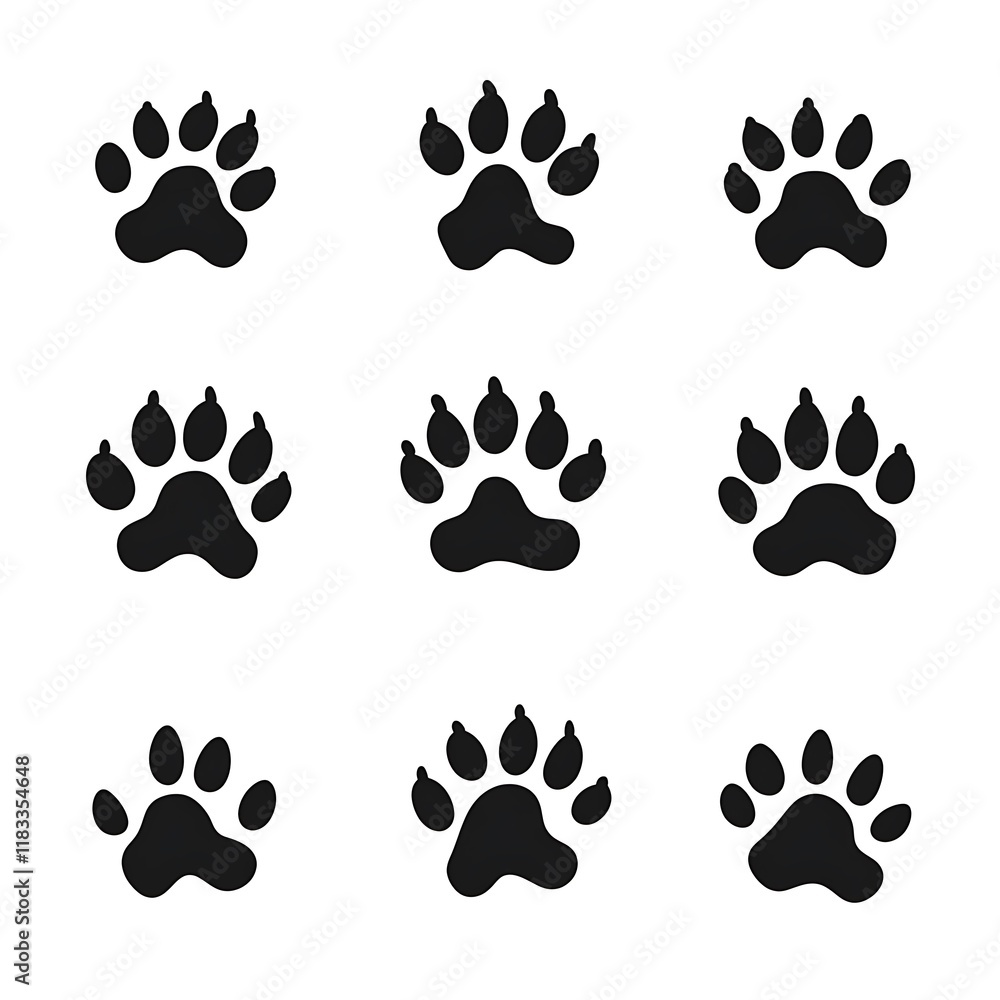 Fototapeta premium Nine Black Paw Prints on a White Background