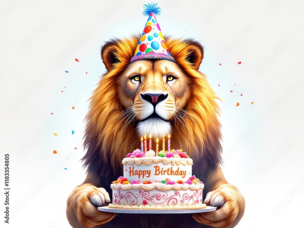 Lion with party hat holding birthday cake with candles and confetti Lion with party hat holding birthday cake with candles and confetti
