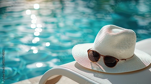 A clean, high-contrast image of a white wide-brimmed hat and a pair of sunglasses resting on a lounge chair by a pool. The water should be a vibrant blue, providing a fresh, cooling sensation 