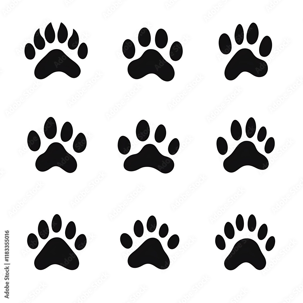 Nine Black Paw Prints on a White Background Nine Black Paw Prints on a White Background