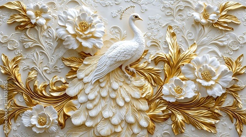 White Peacock & Gold Floral 3D Wall Art
