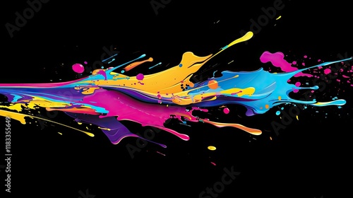 a colorful splash of paint on black background, vector illustration, bold lines, flat colors, splashes of color, pink purple blue yellow orange