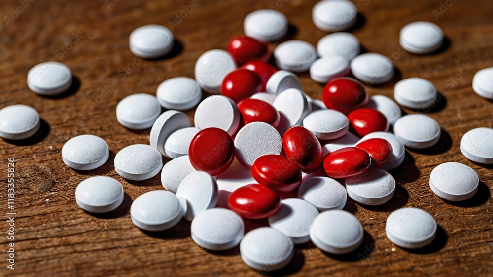 A close-up shot of scattered red and white pills on a wooden surface, with a blister pack in the background. A close-up shot of scattered red and white pills on a wooden surface, with a blister pack in the background.