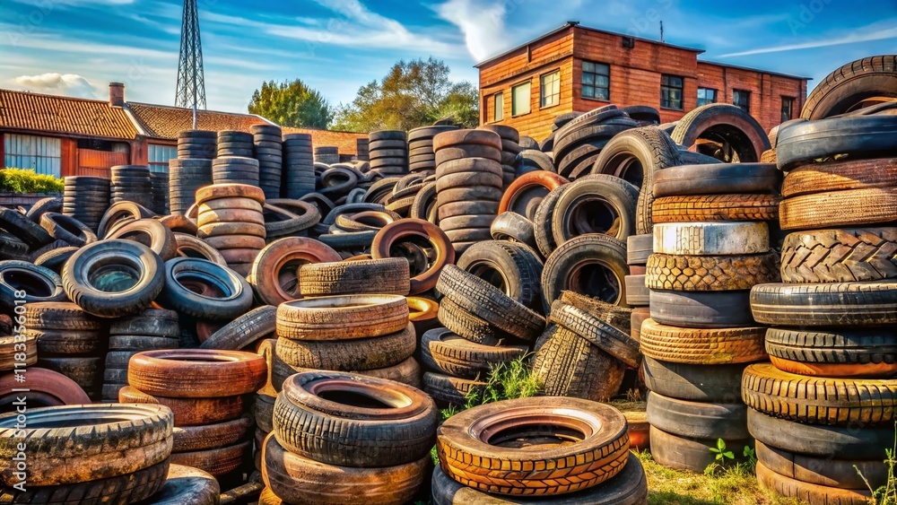 Panoramic View of Stacked Tires in a Junkyard Panoramic View of Stacked Tires in a Junkyard