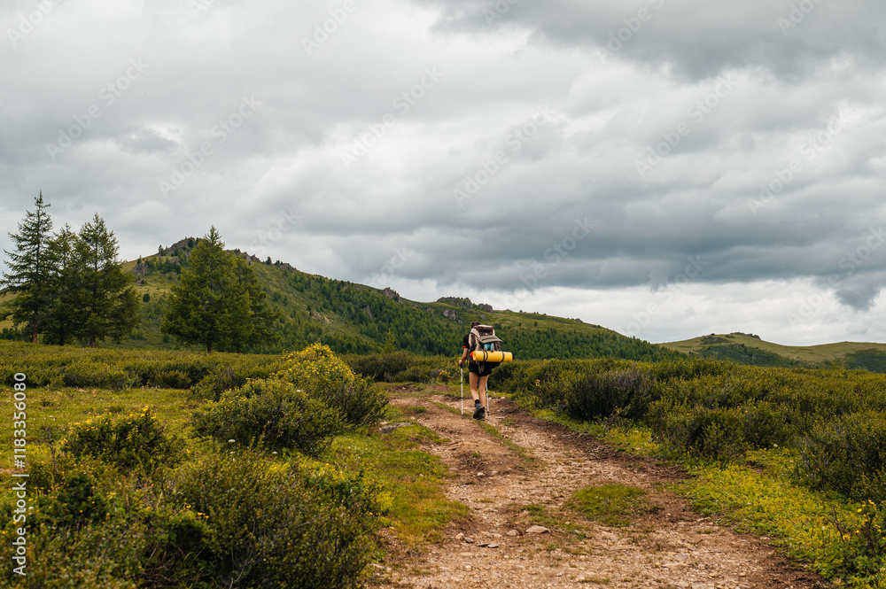 Fototapeta premium A girl with a backpack walks along a trail on the Yeshtykol plateau in the Altai mountains