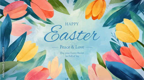 Easter basket with eggs and bunny decorated with flowers. Happy easter.