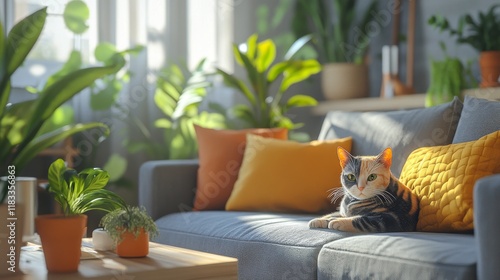 102.A calm indoor scene with a colorful cat nestled among cushions on a gray couch, soft wooden furniture, and lush indoor plants creating a cozy Scandinavian-inspired environment.