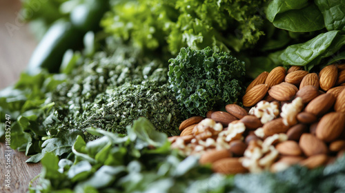 Fresh and Vibrant Assortment of Nutritious Greens, Nuts, and Seeds for Healthy Eating, Culinary Delights, and Wellness-Focused Food Preparation and Presentation