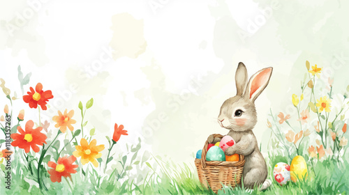 Easter basket with eggs and bunny decorated with flowers. Happy easter.