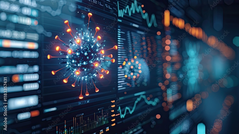 A futuristic computer screen displays a virus particle in a 3D render, with data and charts visible in the background. The particle is in focus, and the screen is slightly blurred A futuristic computer screen displays a virus particle in a 3D render, with data and charts visible in the background. The particle is in focus, and the screen is slightly blurred