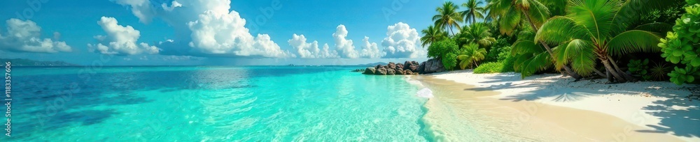Crystal clear turquoise water meets emerald green foliage on tropical island shore, landscape, tropical Crystal clear turquoise water meets emerald green foliage on tropical island shore, landscape, tropical