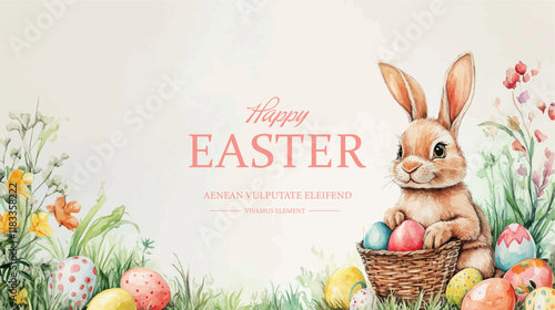 Easter basket with eggs and bunny decorated with flowers. Happy easter.
