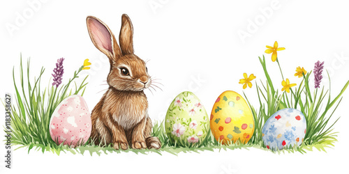 Easter basket with eggs and bunny decorated with flowers. Happy easter.
