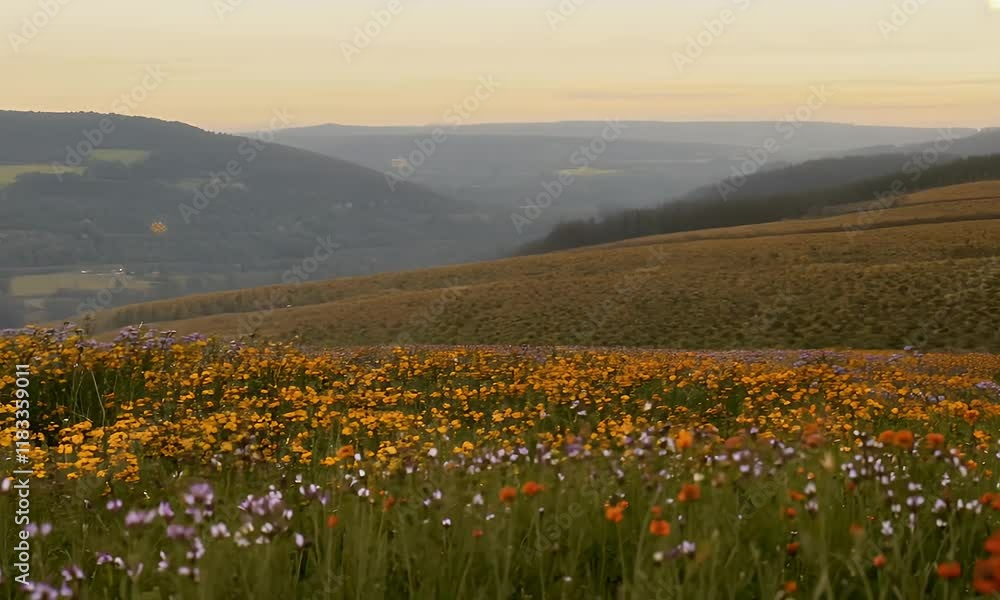 A scenic landscape featuring a colorful meadow in spring with blooming flowers under a bright sky highlights the beauty of nature and agriculture. A scenic landscape featuring a colorful meadow in spring with blooming flowers under a bright sky highlights the beauty of nature and agriculture.