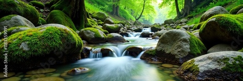 A gentle stream flows over mossy stones in the heart of a mountain range, calm, serene