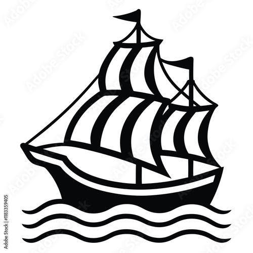 A simple ship outline with sails and waves below, vector style.