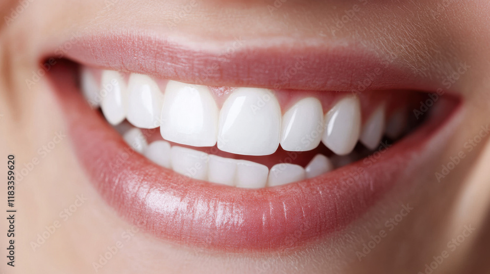 Obraz premium Close-up of a Bright and Healthy Smile Showcasing Perfectly Aligned White Teeth and Soft Lips Radiating Confidence and Care in Oral Hygiene