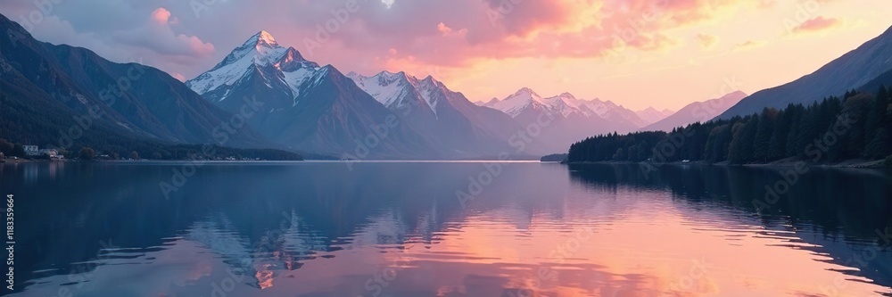 Calm lake surface reflects majestic mountain range, natural, sunrise Calm lake surface reflects majestic mountain range, natural, sunrise