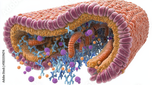 Detailed Representation of a Mitochondrial Structure with Membranes, Enzymes, and Cellular Components Illustrating Energy Production Processes