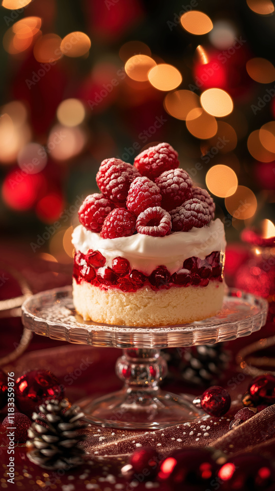 Christmas berry cake with raspberries and cream on a glass plate in festive holiday setting Christmas berry cake with raspberries and cream on a glass plate in festive holiday setting