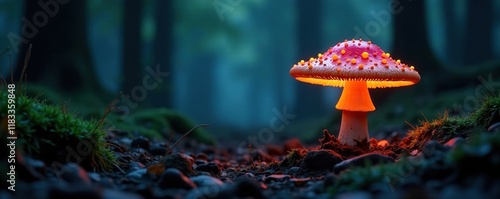 Dark forest floor with a single glowing mushroom, tree, fungus photo