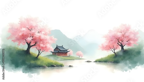 An Asian-style watercolor painting showcasing a tranquil path leading to a pagoda, framed by vibrant natural scenery