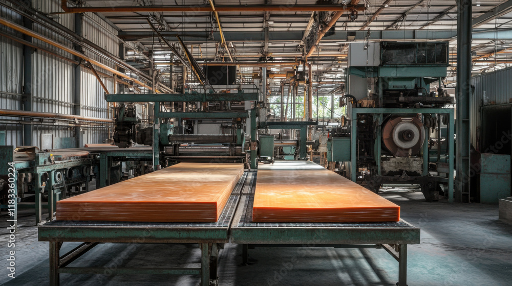 Brightly Lit Industrial Production Facility with Machinery and Workstations for Manufacturing Surfaces and Materials in a Modern Factory Environment Brightly Lit Industrial Production Facility with Machinery and Workstations for Manufacturing Surfaces and Materials in a Modern Factory Environment