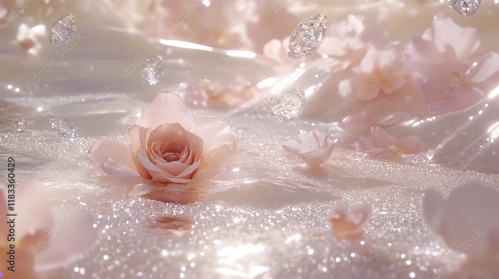 Pink rose and petals on shimmering surface with diamonds. Pink rose and petals on shimmering surface with diamonds.