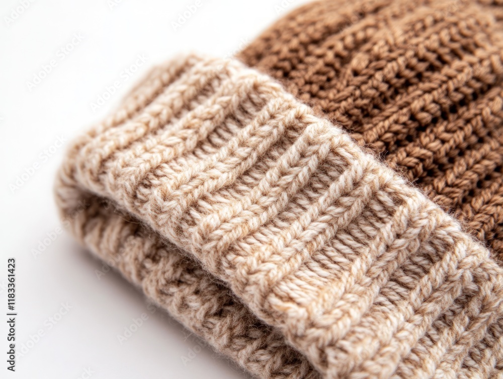 Beanie with detailed knit texture, neutral shades against the white background Beanie with detailed knit texture, neutral shades against the white background