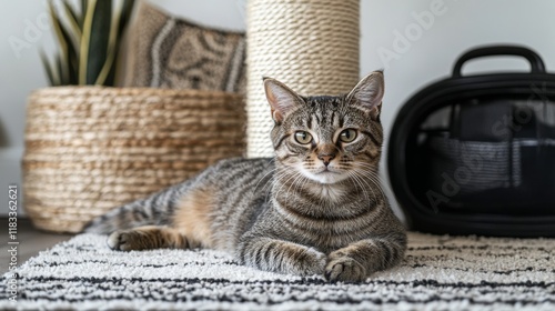 64.A tabby cat relaxing at the base of a scratching post, with its carrier positioned beside it, set against a backdrop of modern home decor and soft rugs. photo