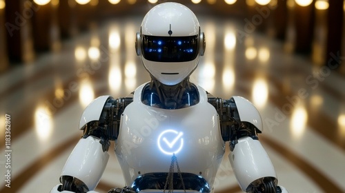 Wallpaper Mural Creative visualization of AI dilemmas with a robot analyzing a scale of justice, glowing symbols for progress, and dark shadows hinting at unintended consequences Torontodigital.ca