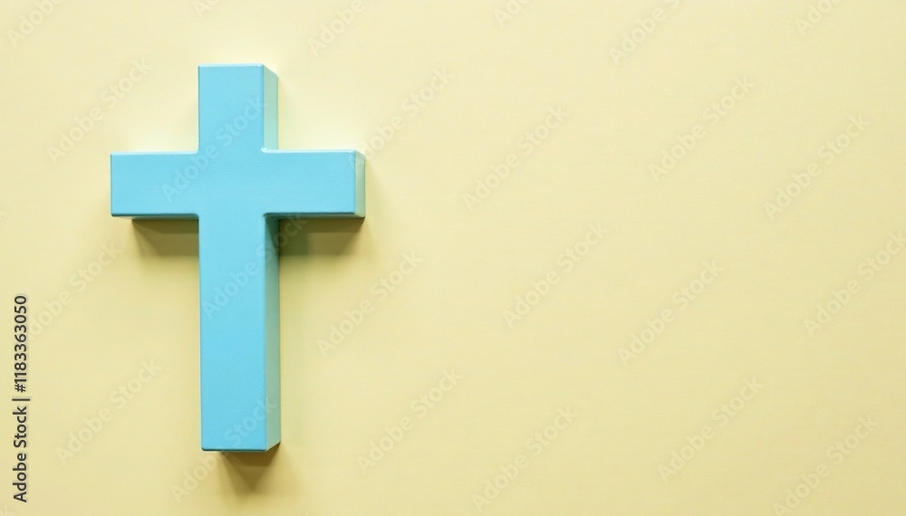 Obraz premium Light blue cross on beige background with a large copy space, cross, empty space, light blue