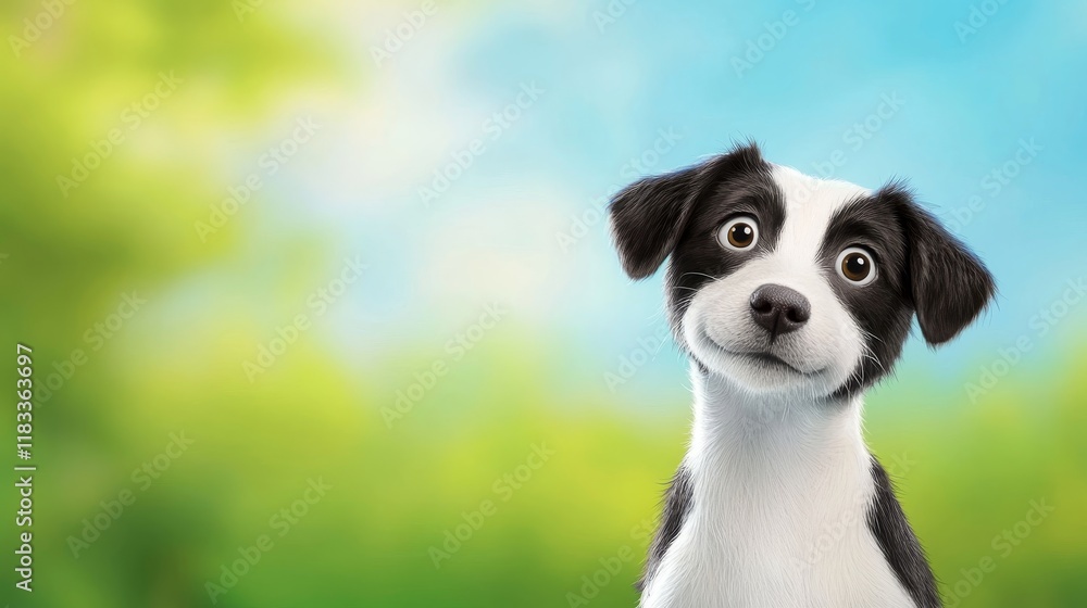 A playful black and white dog with an expressive face against a blurred green background. A playful black and white dog with an expressive face against a blurred green background.