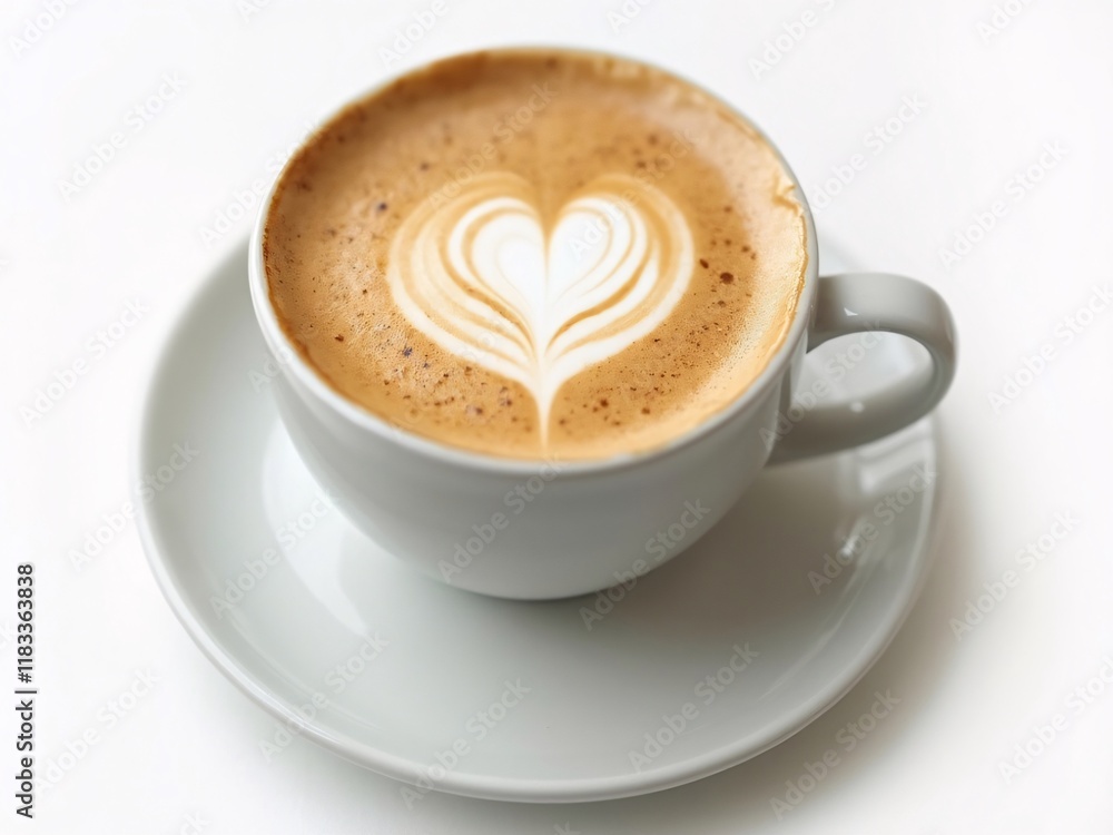 Cappuccino with latte art on white plate, clean background. Ideal for coffee posters, sharp textures, studio lighting, high resolution. Cappuccino with latte art on white plate, clean background. Ideal for coffee posters, sharp textures, studio lighting, high resolution.