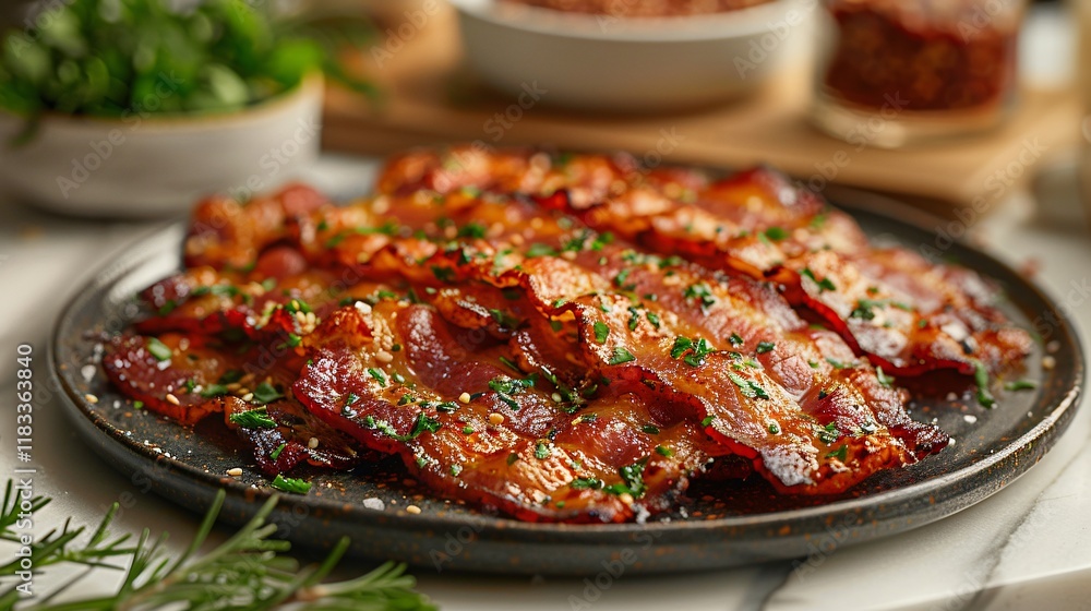 Fried bacon on a plate in a contemporary kitchen Fried bacon on a plate in a contemporary kitchen