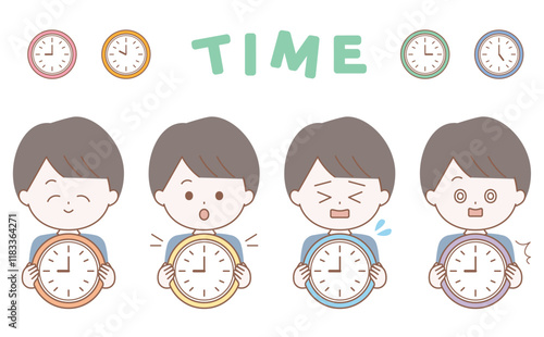 時計を持つ男性のキャラクターイラストのセット